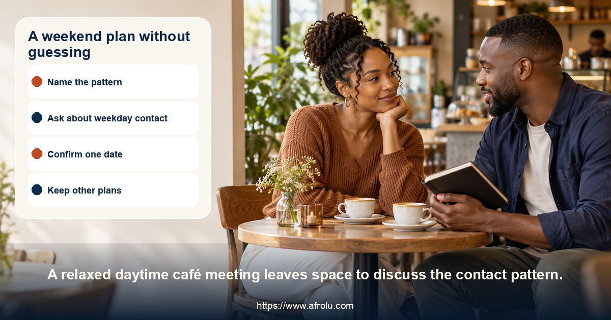 An adult woman shares a relaxed weekend conversation at a bright café.