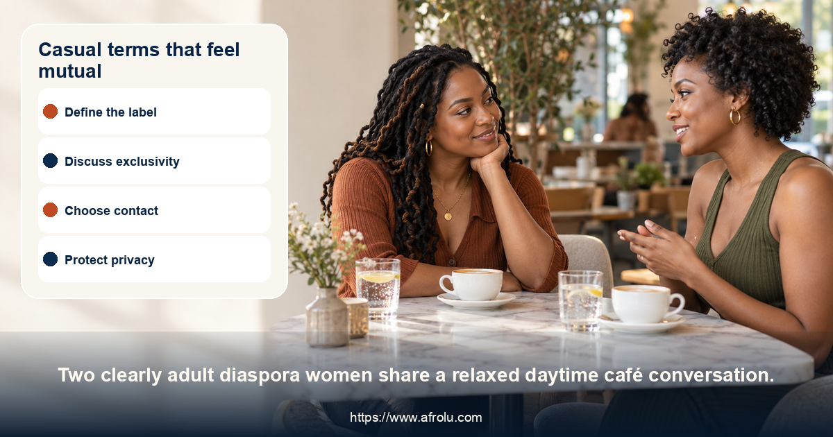 An adult woman shares a relaxed daytime conversation at a café.