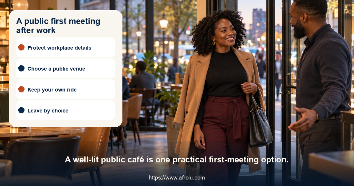 An adult professional chooses a public café for an after-work first meeting.