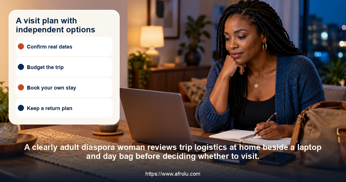 An adult diaspora woman reviews travel details beside a laptop at home.