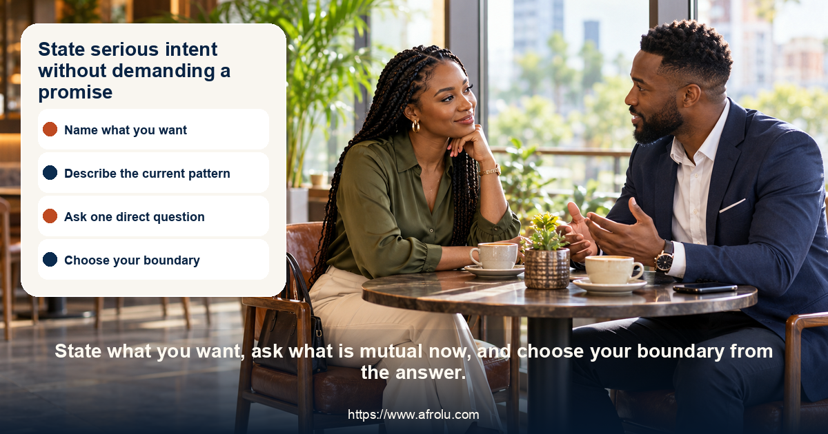 Two adult diaspora daters discuss serious intentions over coffee after work.