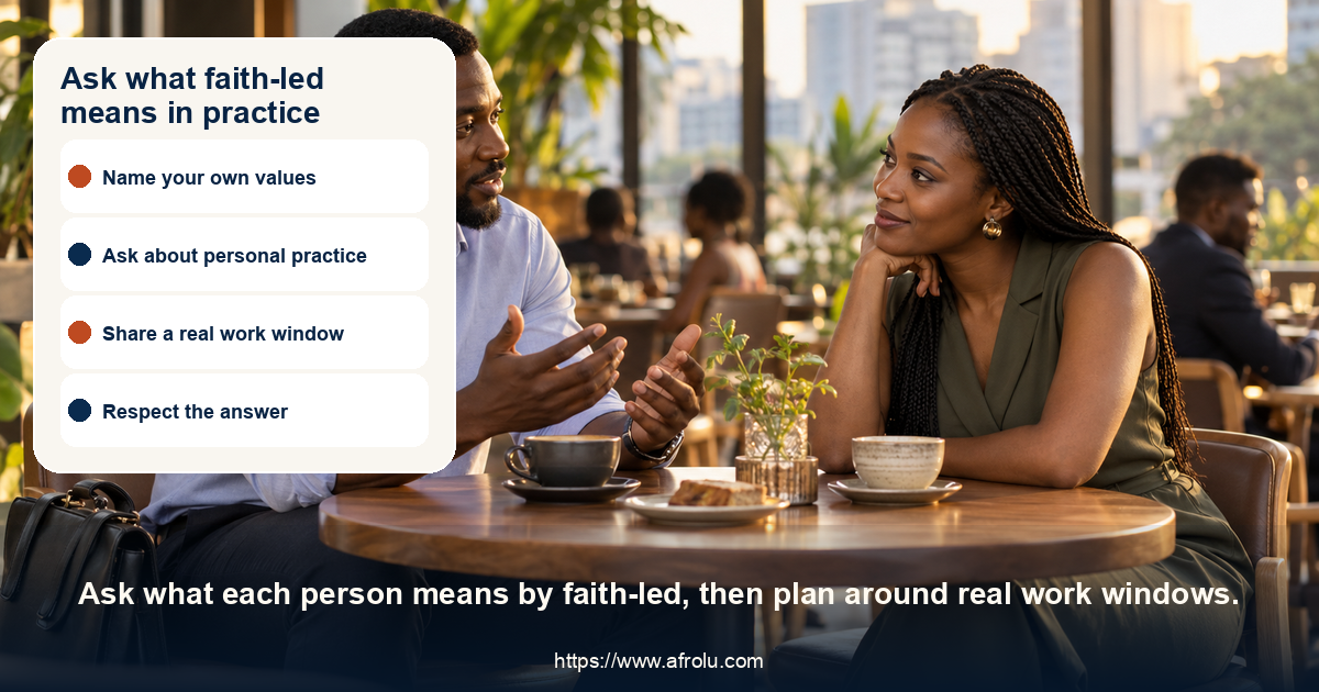 Two adult professionals discuss faith and dating after work in a cafe.