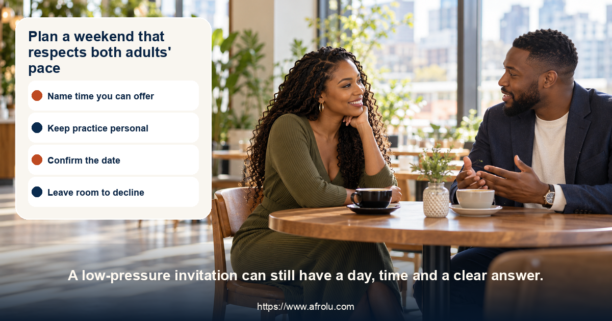 Two adult diaspora daters talk about a weekend plan at a bright cafe.