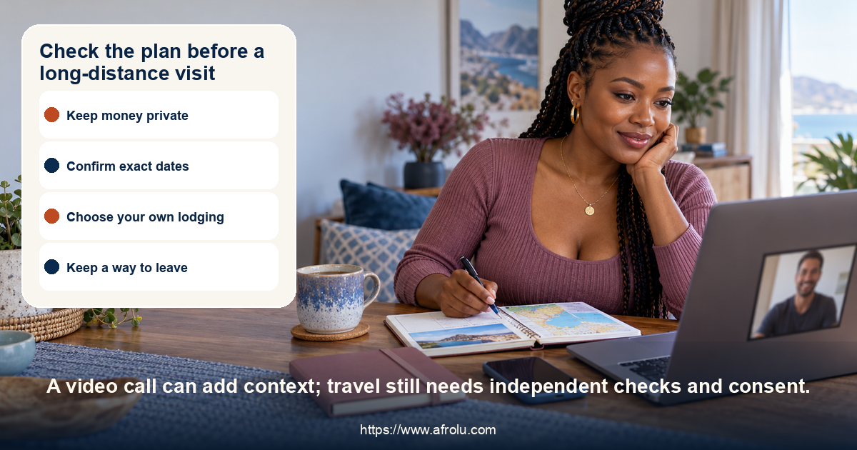 An adult dater reviews possible travel while speaking to a match by video.