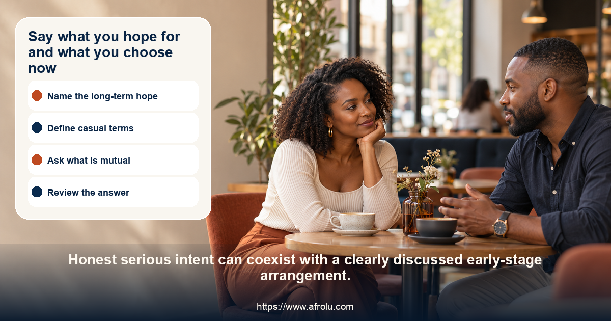 Two adult daters discuss current terms and long-term hopes over coffee.
