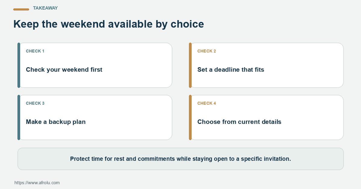 Takeaway for late comers clarity weekend: Check your weekend first; Set a deadline that fits; Make a backup plan.