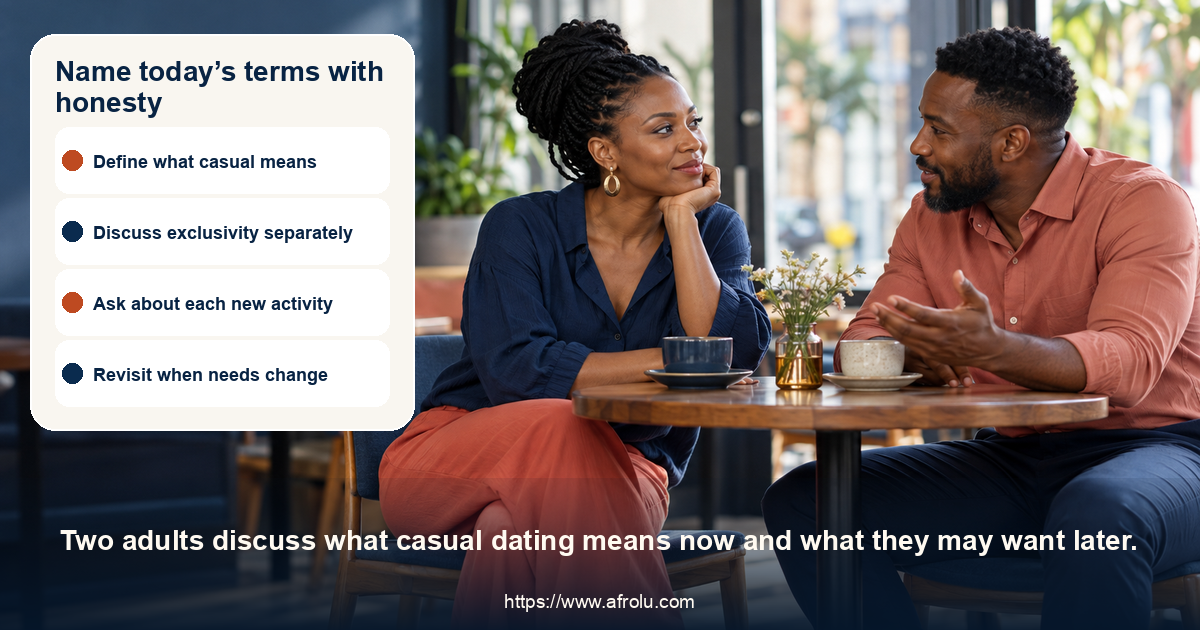 Adult daters discuss a specific plan in a public café for a guide about late comers low pressure casual.