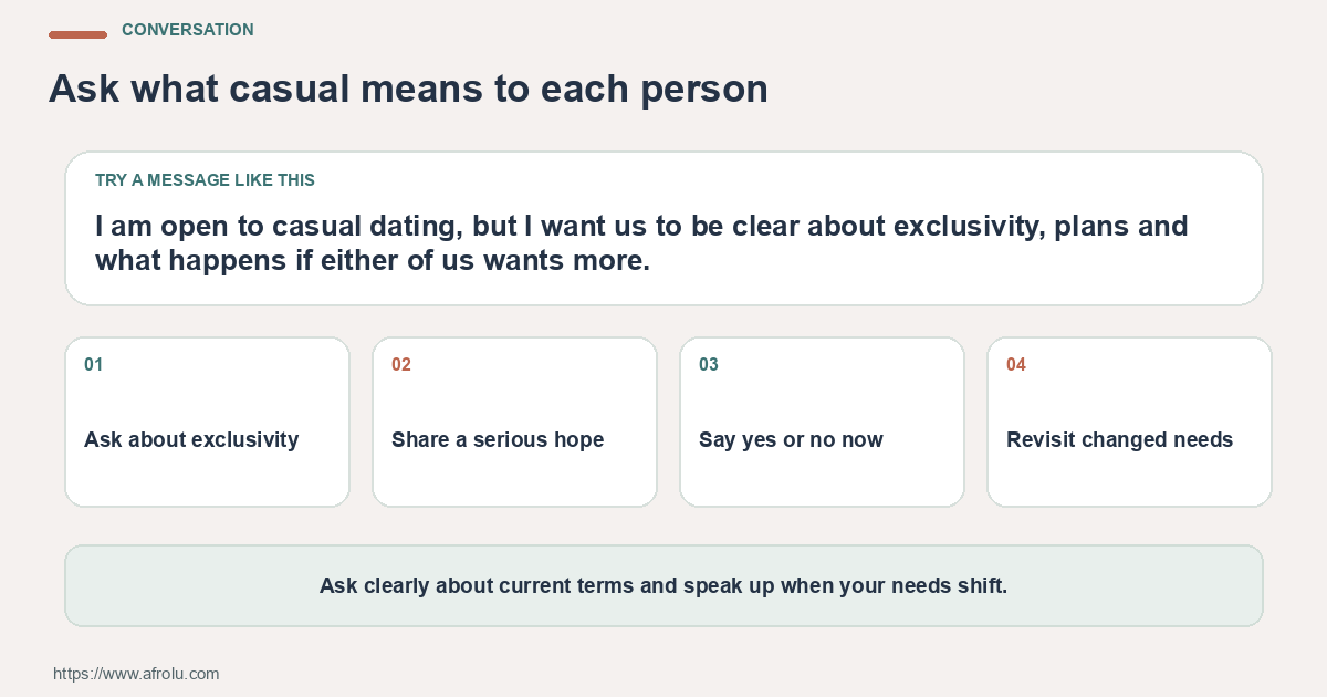 Conversation for late comers low pressure casual: Ask about exclusivity; Share a serious hope; Say yes or no now.