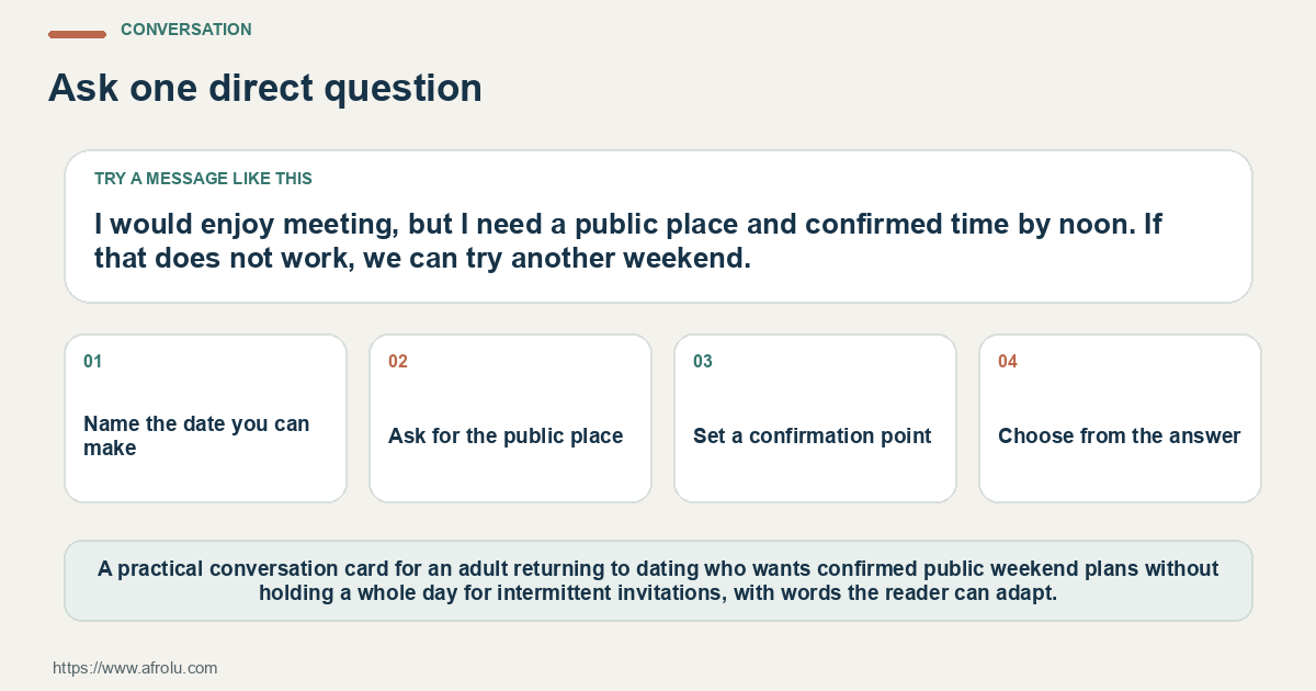 Adaptable conversation card for a safer weekend plan when dating feels one-sided, with a direct opening and four prompts.