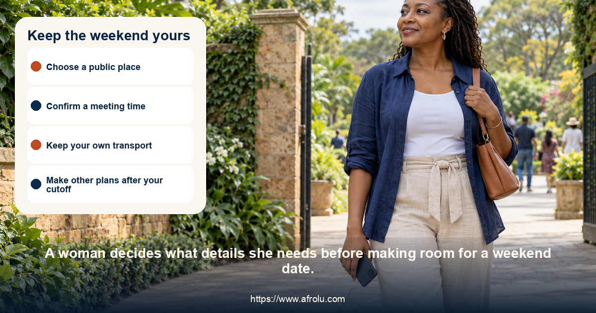 Adult woman considers a weekend meeting in a public Nairobi garden.