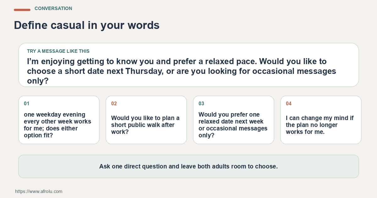 Four adaptable message scripts for asking about low-pressure dating with a full work calendar, confirming a plan and stating a boundary.