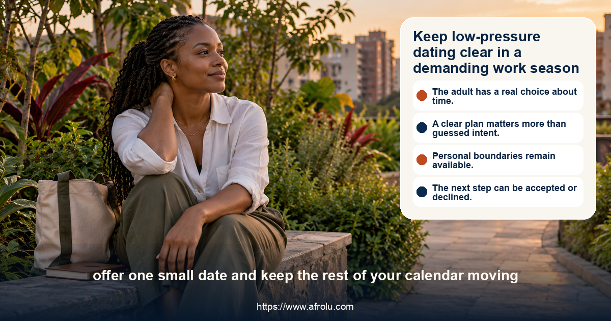 An adult woman takes a quiet after-work pause and keeps her own evening available to choose.