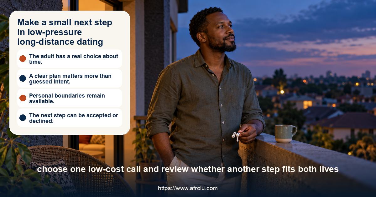 An adult man considers a short evening call from his Nairobi apartment balcony.