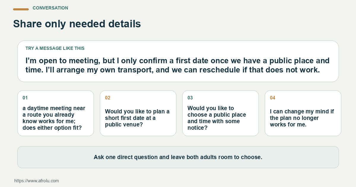 Four adaptable message scripts for asking about a first in-person meeting in Nairobi, confirming a plan and stating a boundary.