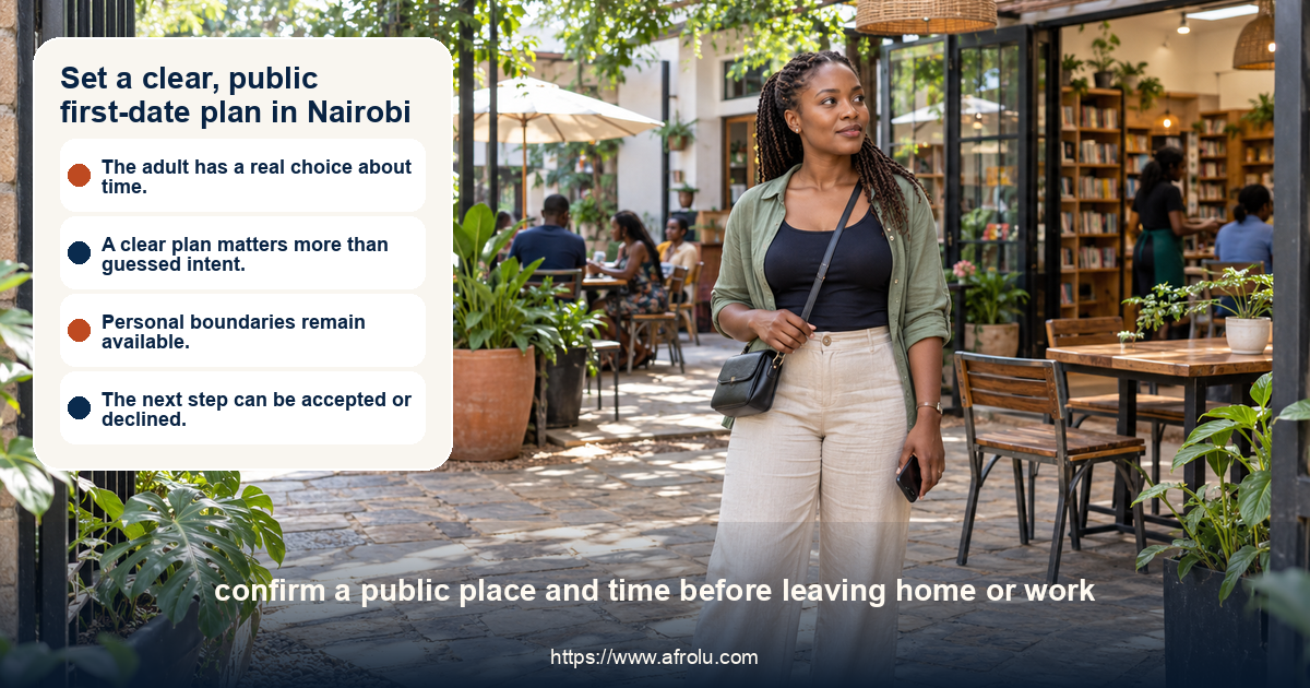 An adult woman arrives independently at a public Nairobi bookshop courtyard before a first date.
