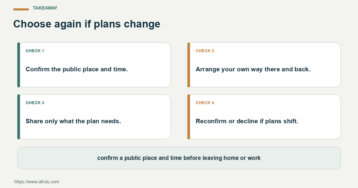 Four-step action card for a first in-person meeting in Nairobi: define your need, offer one next step, confirm details and review the pattern.
