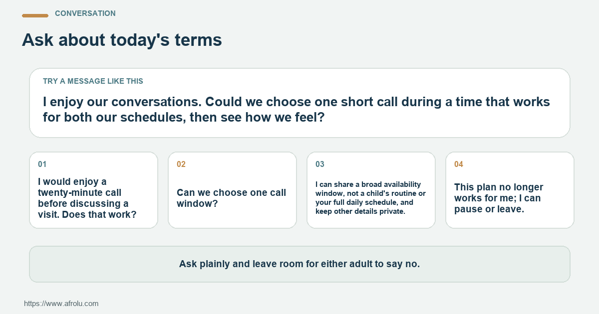 Four adaptable conversation lines for low-pressure long-distance dating as a parent, including one direct question and a clear boundary.