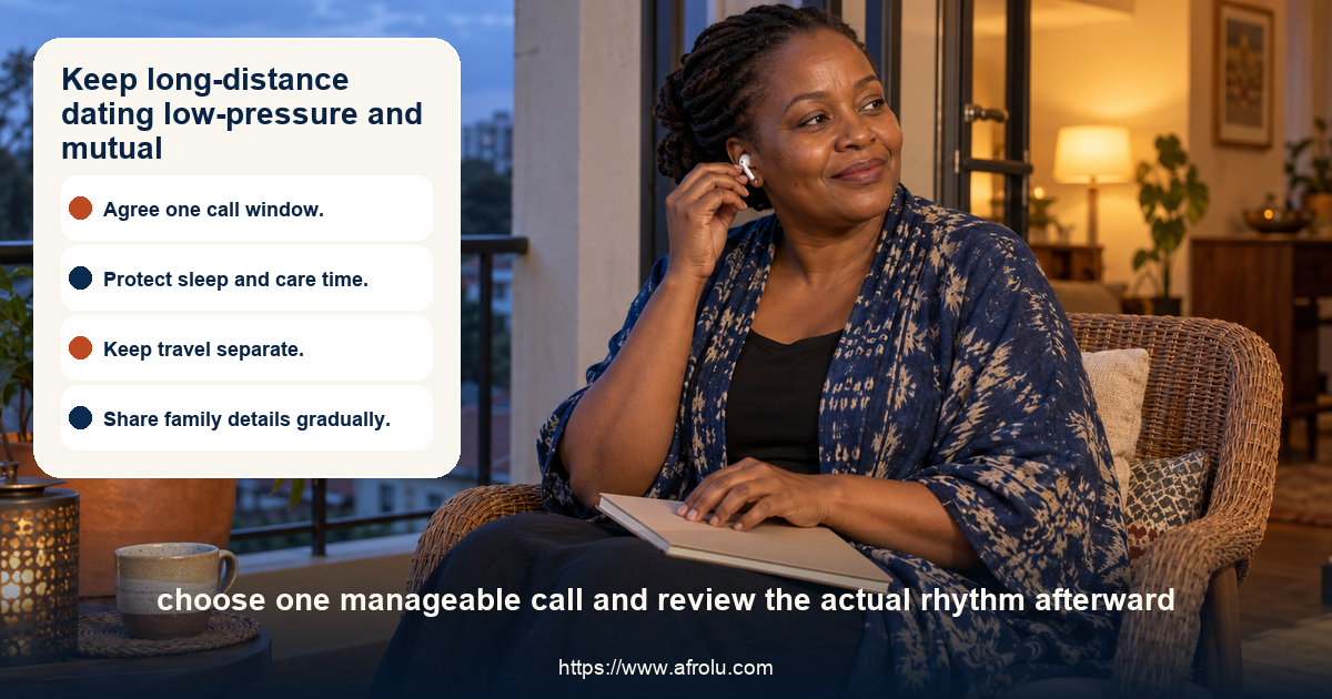 A mature woman sits on a Nairobi veranda after an audio call, closing a notebook as the evening continues around her.