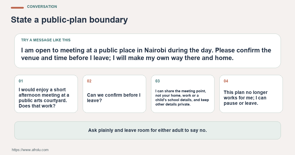 Four adaptable conversation lines for planning a first Nairobi date as a parent, including one direct question and a clear boundary.