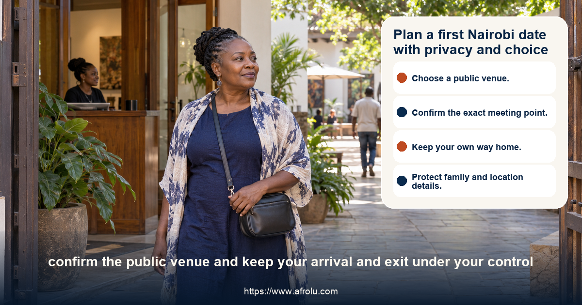 A woman arrives independently at a staffed public arts courtyard in Nairobi, with other adults and an open route in view.