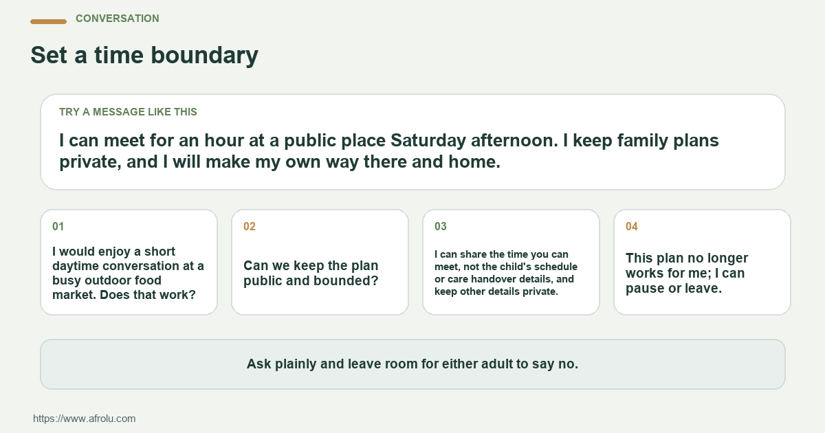Four adaptable conversation lines for a clear, child-free weekend first date for a parent, including one direct question and a clear boundary.