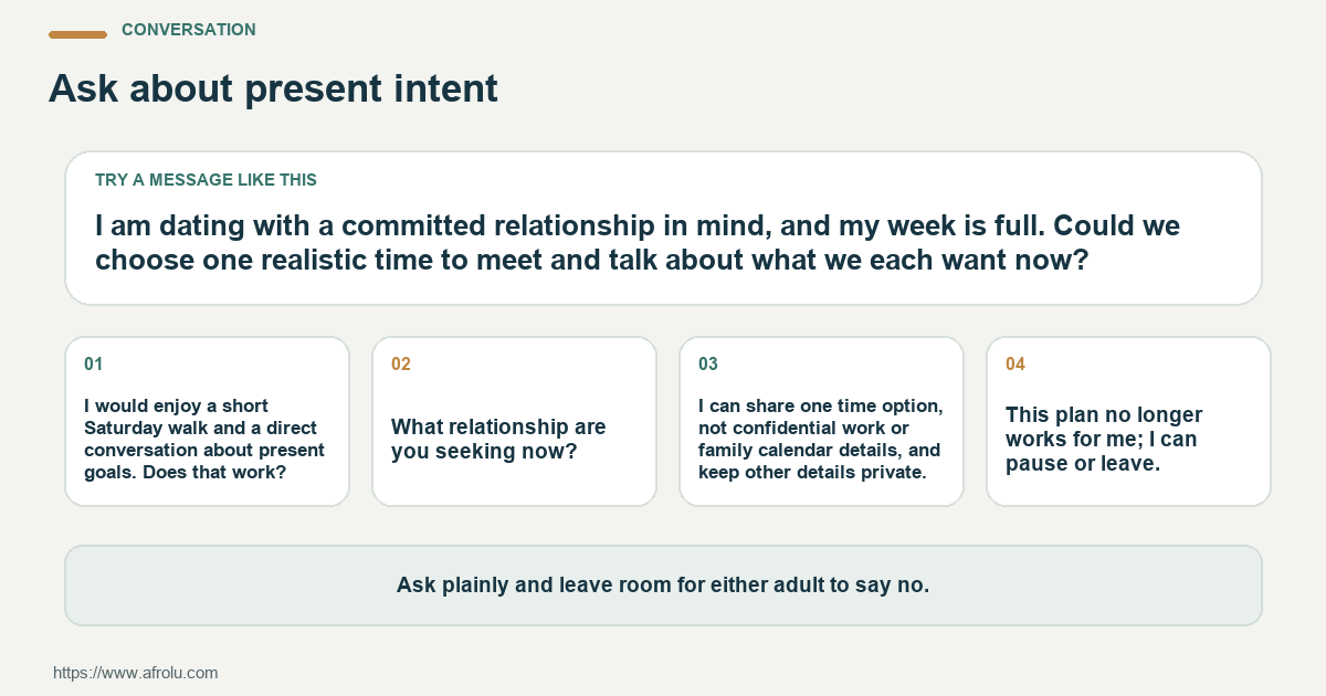 Four adaptable conversation lines for serious-intent dating while balancing career and parenting, including one direct question and a clear boundary.