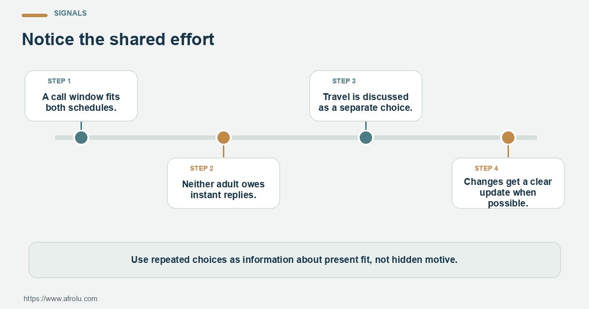 Four observable checks for building a manageable long-distance dating rhythm around professional schedules: clear terms, mutual plans, respectful changes and room to choose.