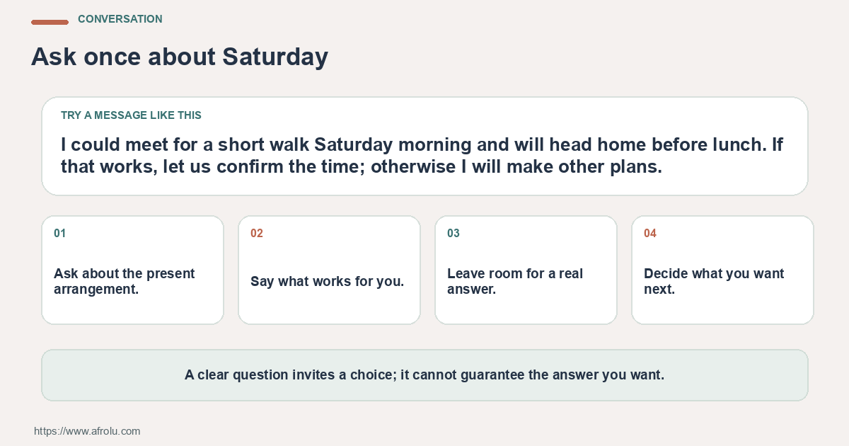 A sample message and four practical conversation prompts for keeping low-pressure weekend dating compatible with rest and professional recovery.