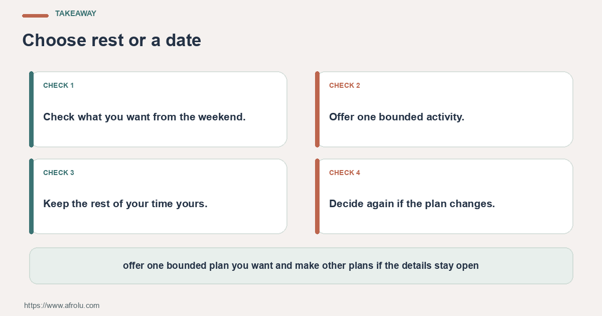 Four practical choices for keeping low-pressure weekend dating compatible with rest and professional recovery: name the question, set a boundary, notice the answer and choose again.