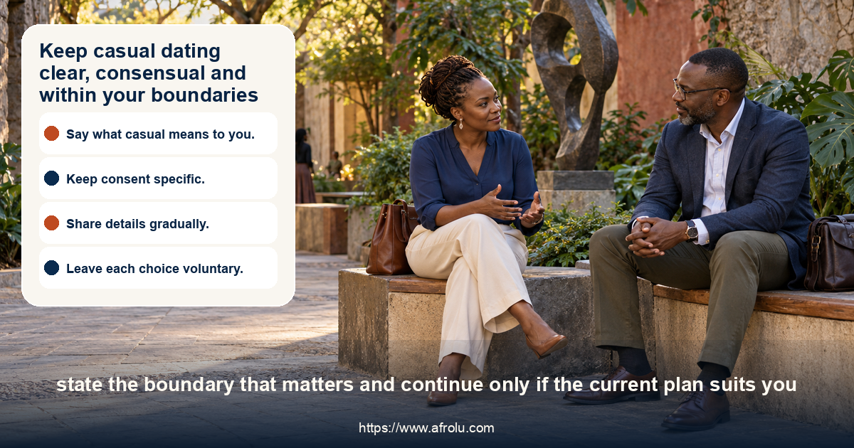 Two adult professionals speak with comfortable space between them in an open Nairobi sculpture courtyard after work.