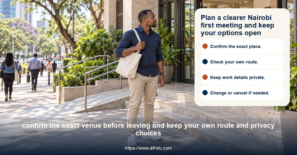 A professional man arrives at a public Nairobi library entrance, with a staffed doorway and open path back to the street.