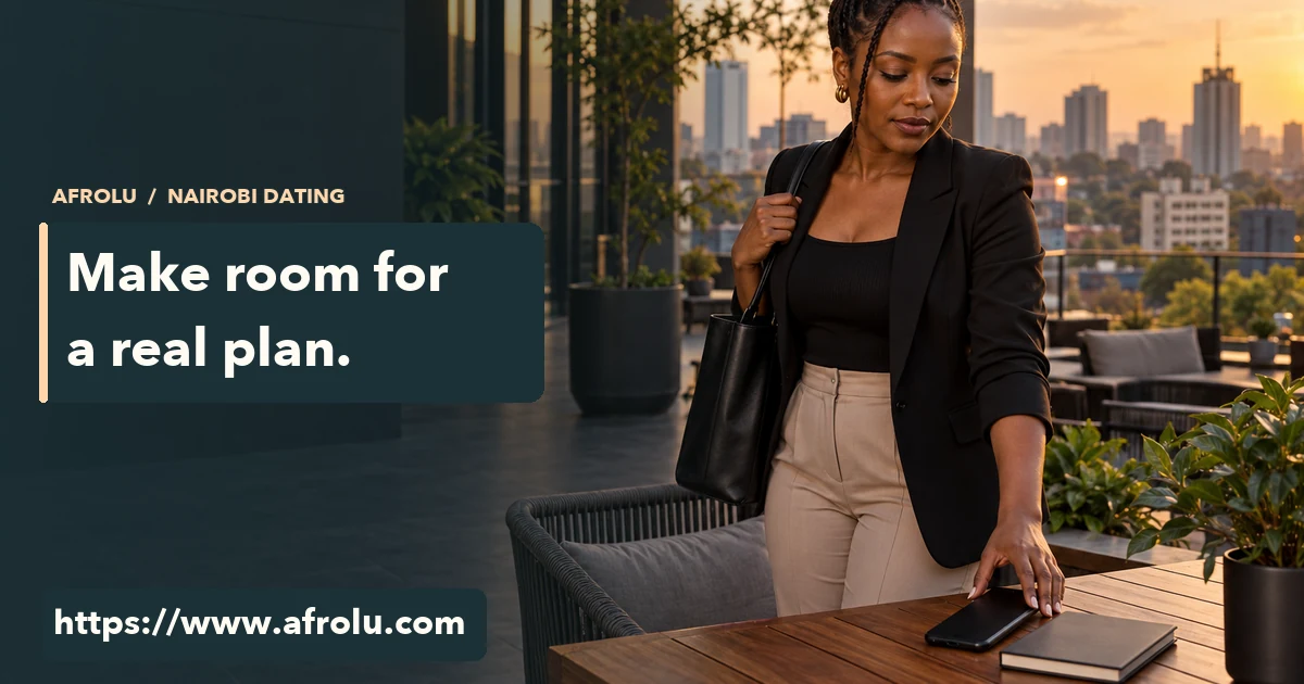 Adult Nairobi professional at a quiet coworking terrace with her notebook and phone set aside.