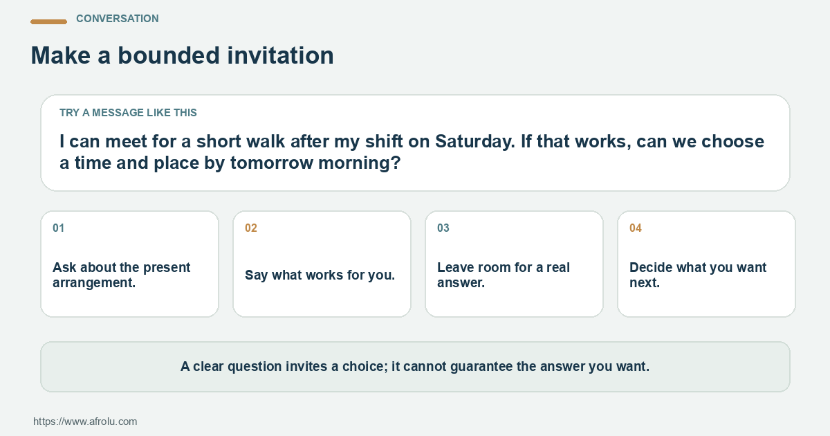 A sample message and four practical conversation prompts for keeping a weekend invitation clear while making room for student life and rest.