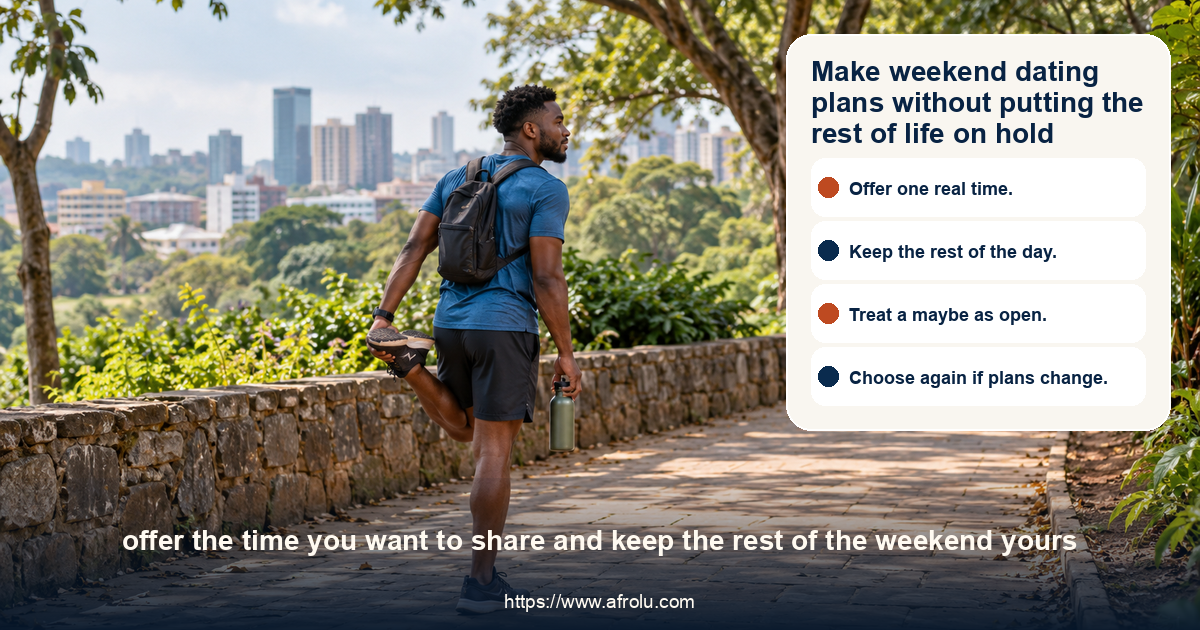 An adult Kenyan student pauses for a stretch along a shaded Nairobi footpath after a Saturday run, with a day bag and water bottle.