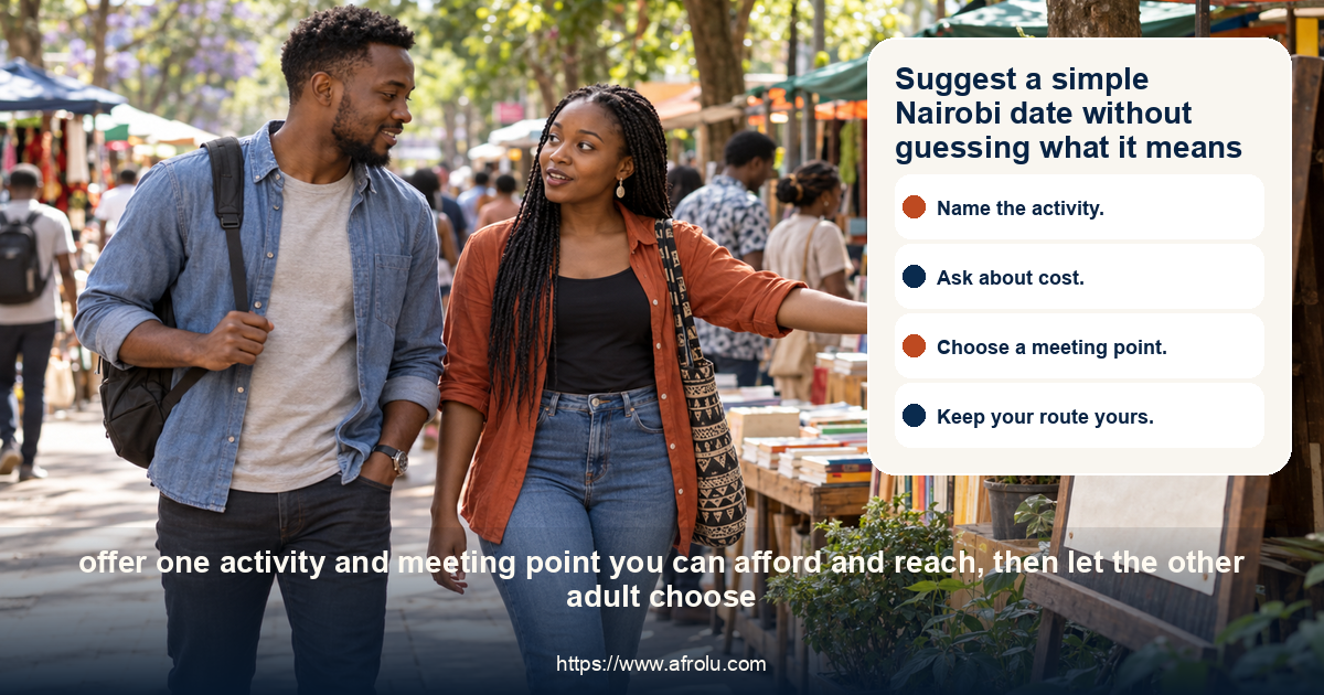 Two adult Kenyan students walk through an open-air Nairobi book market as one points toward a stall and the other listens.