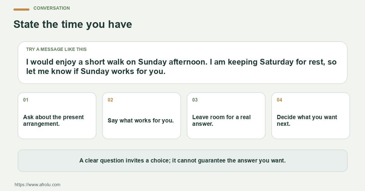 A sample message and four practical conversation prompts for keeping a low-pressure weekend date compatible with study, spending and recovery.