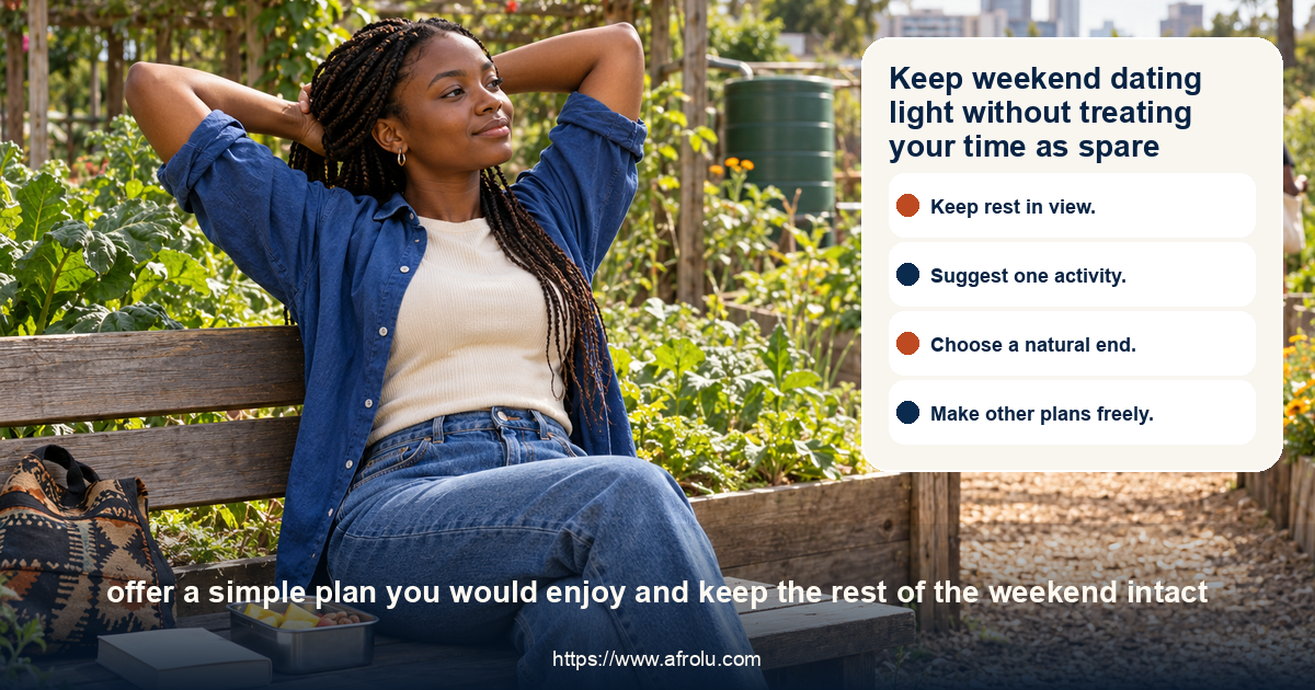 An adult Kenyan student relaxes on a bench in a Nairobi community garden with a closed book and a simple packed snack.