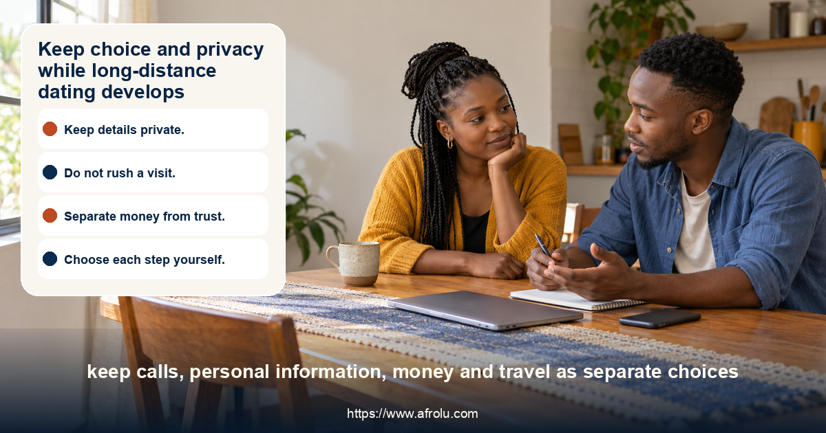 Two adult Kenyan housemates talk at a dining table with closed devices while one considers a long-distance dating plan.