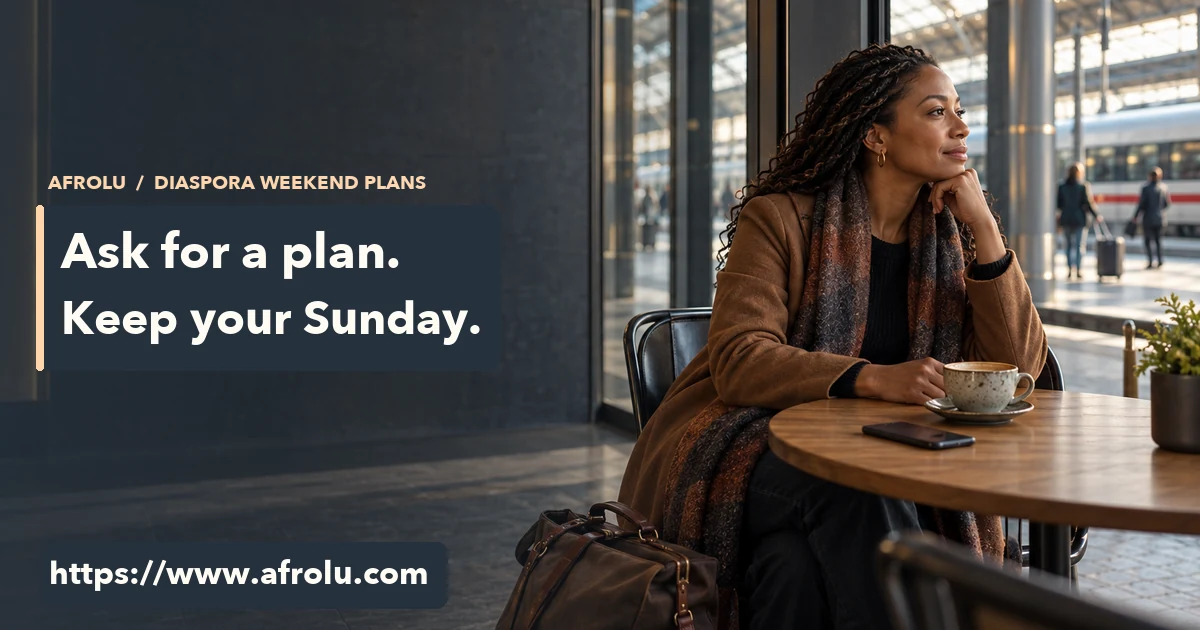 Adult Black woman with a weekend bag at a station cafe, looking toward a train while a blank phone rests beside her cup.