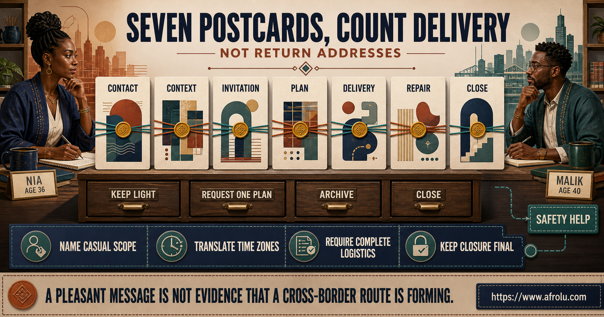 Nia and Malik reviewing seven diaspora casual dating postcards for contact context invitation plan delivery repair and close