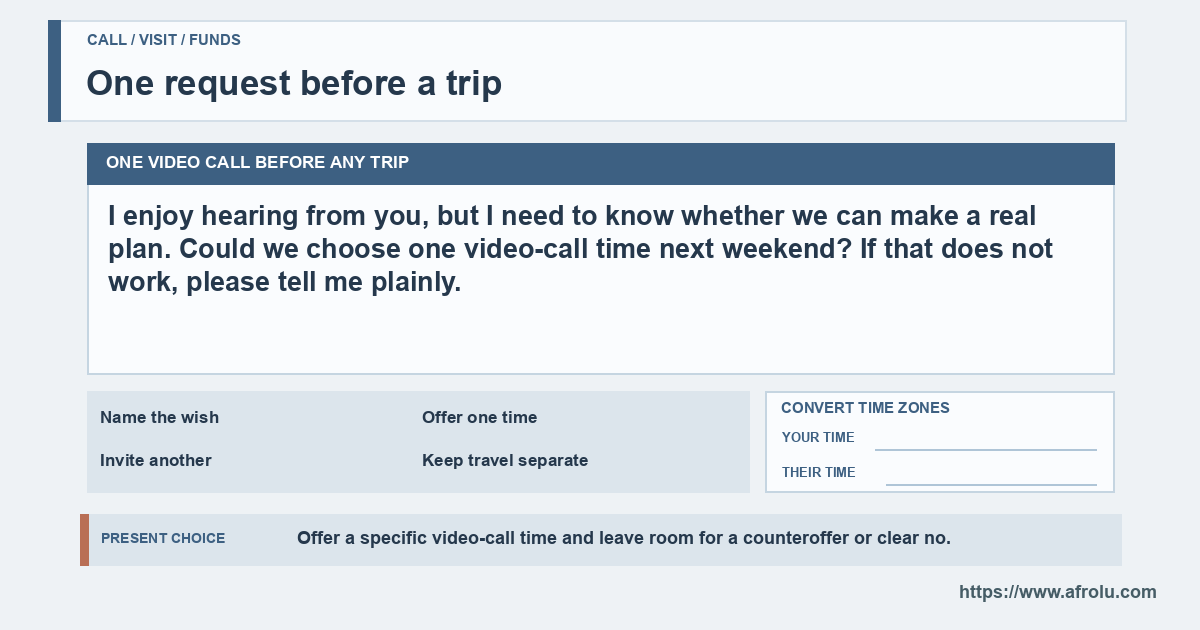 An unbranded call card shows the exact optional weekend request.