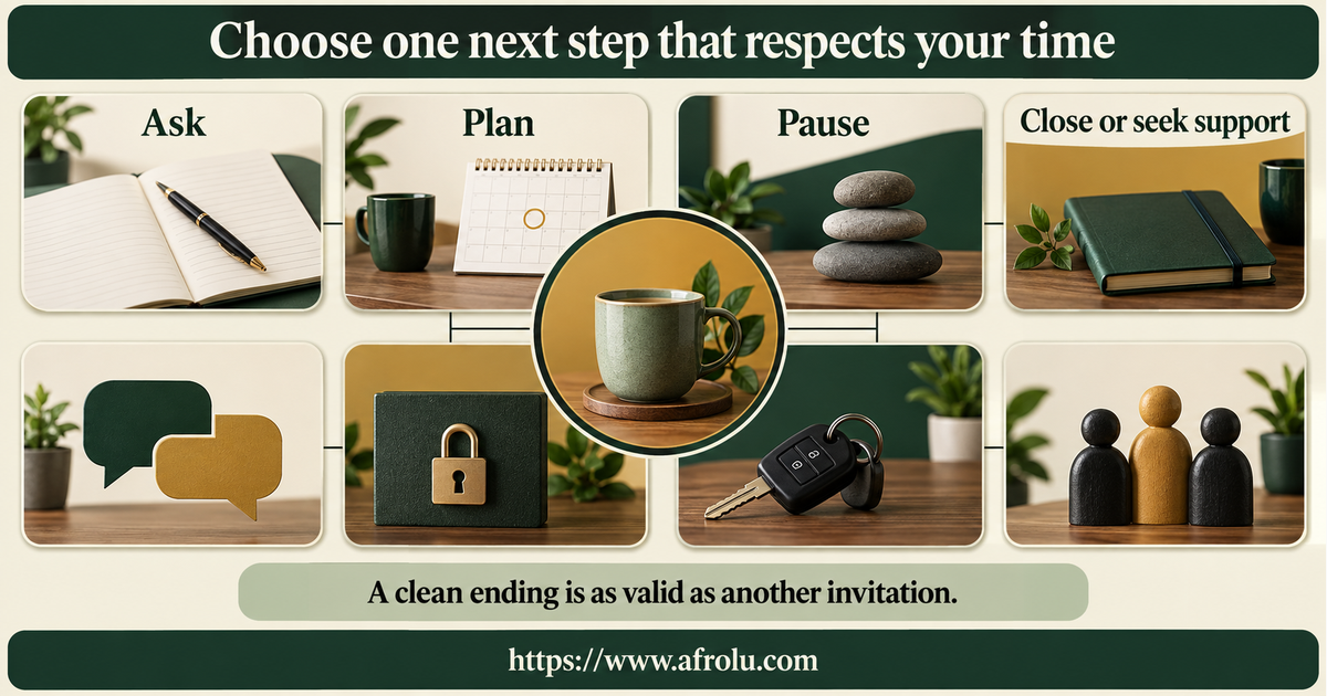 Eight equal-choice board for offering a public date, asking one clear question, pausing chat, checking a plan, protecting a private route, declining money, seeking support or closing a connection