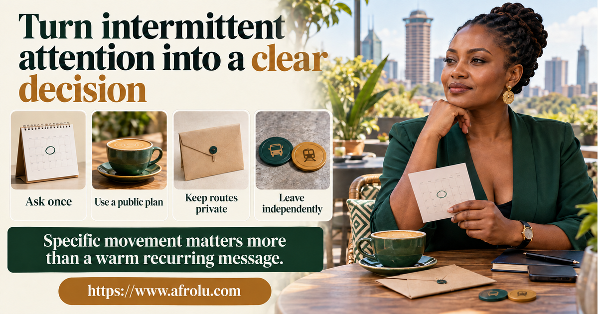 Adult Nairobi dater returning to dating compares a warm intermittent chat, one specific public coffee proposal, a private route boundary and an independent return on a calm clarity map