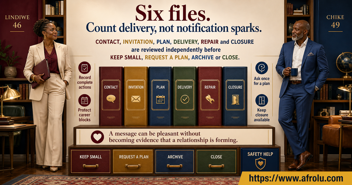 Lindiwe and Chike reviewing six evidence files for serious dating effort during career-heavy lives