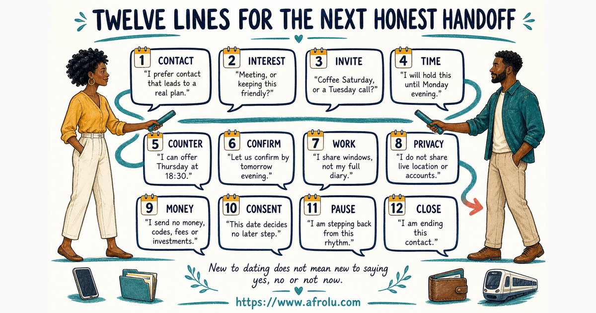 Twelve clarity scripts for new daters covering contact plans work time money privacy consent pause and closure
