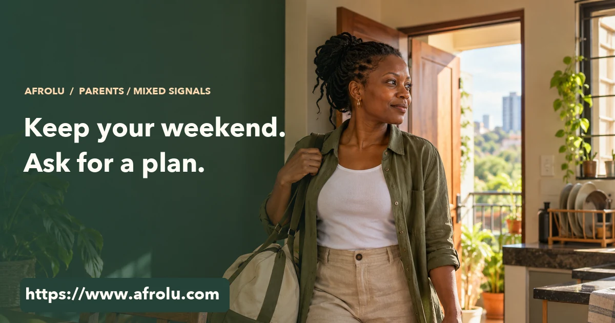 A Nairobi parent leaves a quiet kitchen with her own weekend bag and an open path ahead.