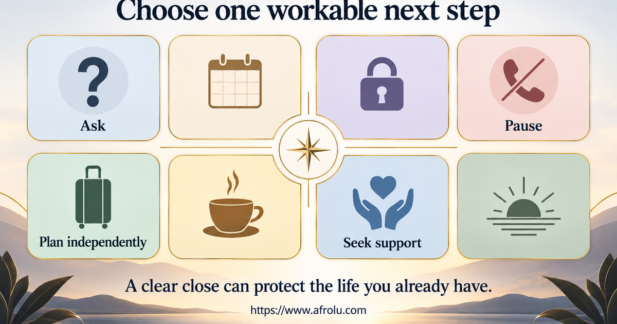 Eight equal-choice board for asking once, setting a call rhythm, protecting child privacy, pausing contact, planning independently, reporting pressure, seeking support or closing a thread