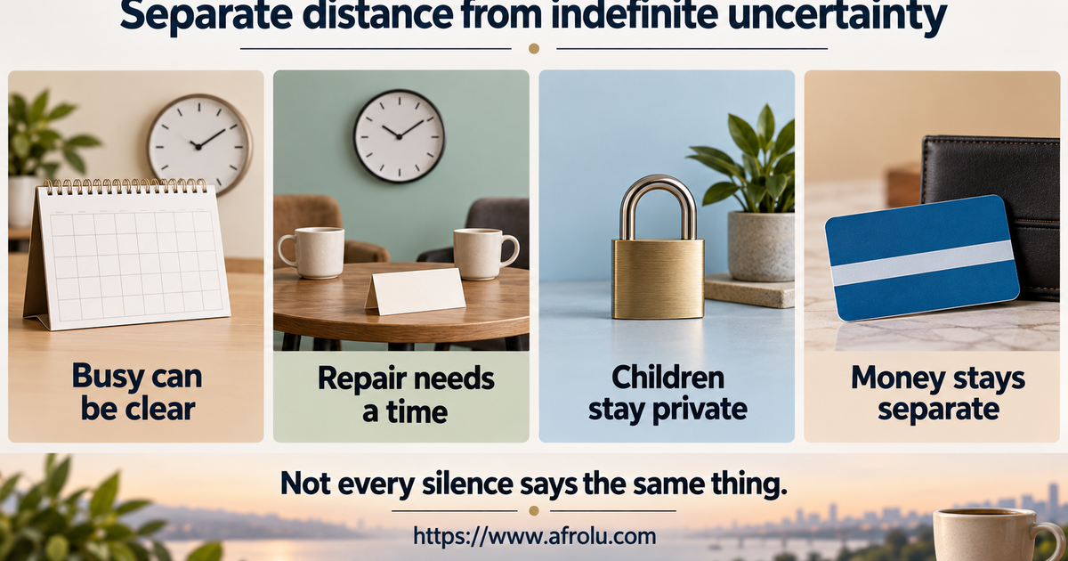 Editorial signal board separating a busy season and repaired missed call from recurrent silence, child-access pressure, money requests and dependent travel