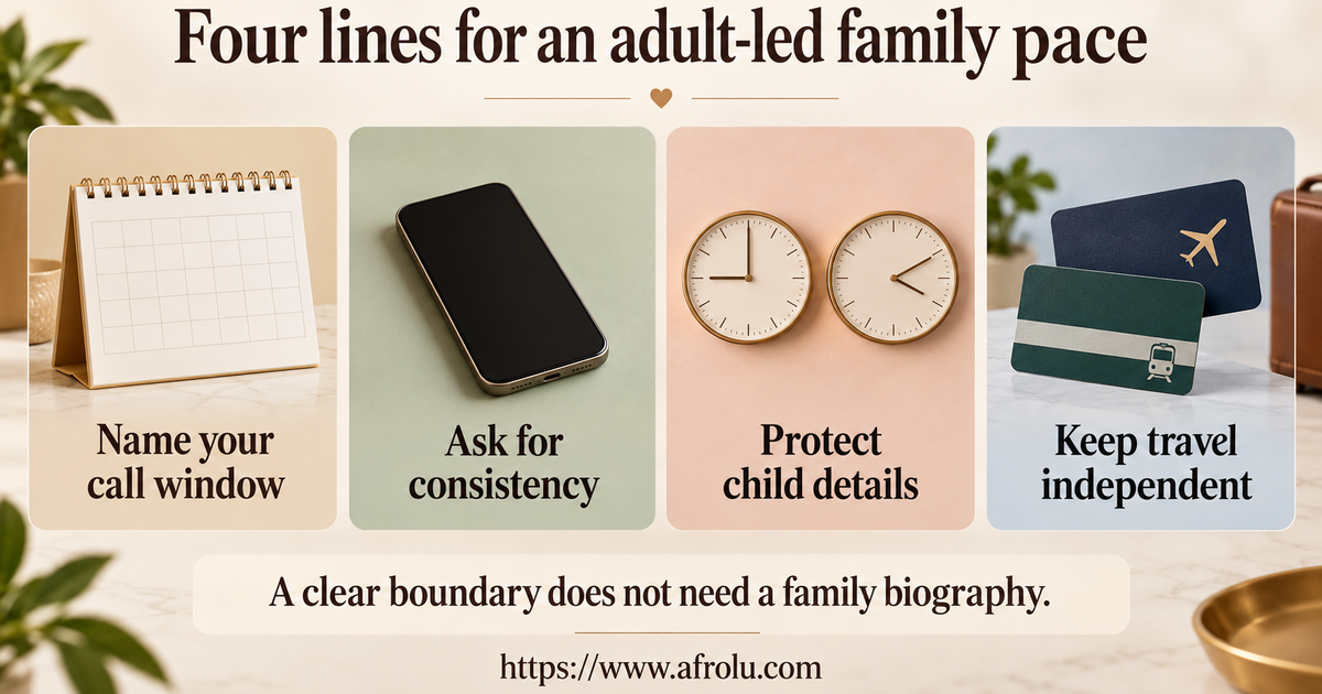 Four large plain-language scripts for a family call limit, request for regular contact, child privacy boundary and independent future travel