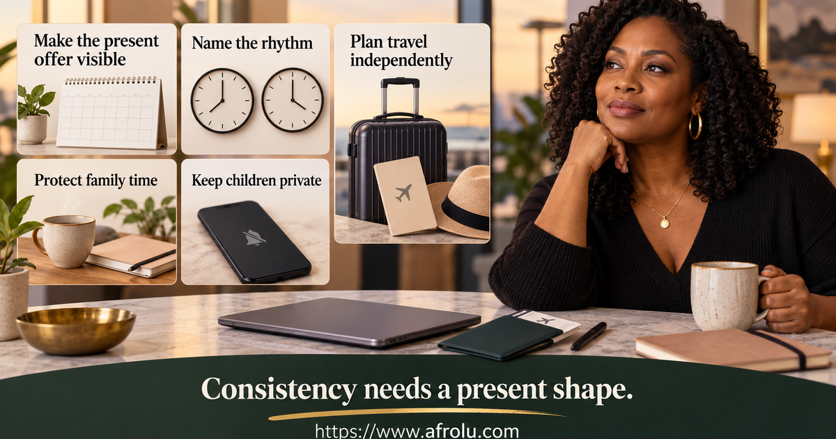Adult parent reviewing a simple long-distance contact plan beside family routine cards, a calendar, a public meeting card and independent travel details